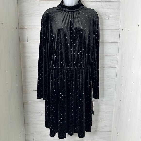 NWT Lane Bryant Womens Gold Stud Mock Neck Velvet Mini Dress in Black Size 18/20 - Picture 2 of 12